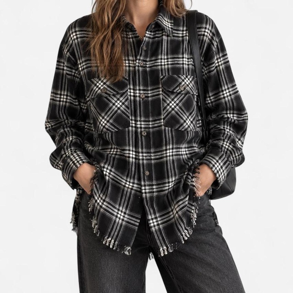 Afends Lovecats Black Plaid Flannel Shirt US 6 NWT Raw Hem Oversized